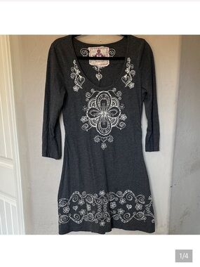Johnny Was Dark Gray Long Sleeve Embroidered Tunic Dress